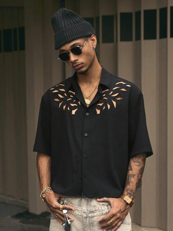 Uptown Funky Men's Gothic Loose Fit Polo Collar Embroidered Hollow Dress Short Sleeve Shirt